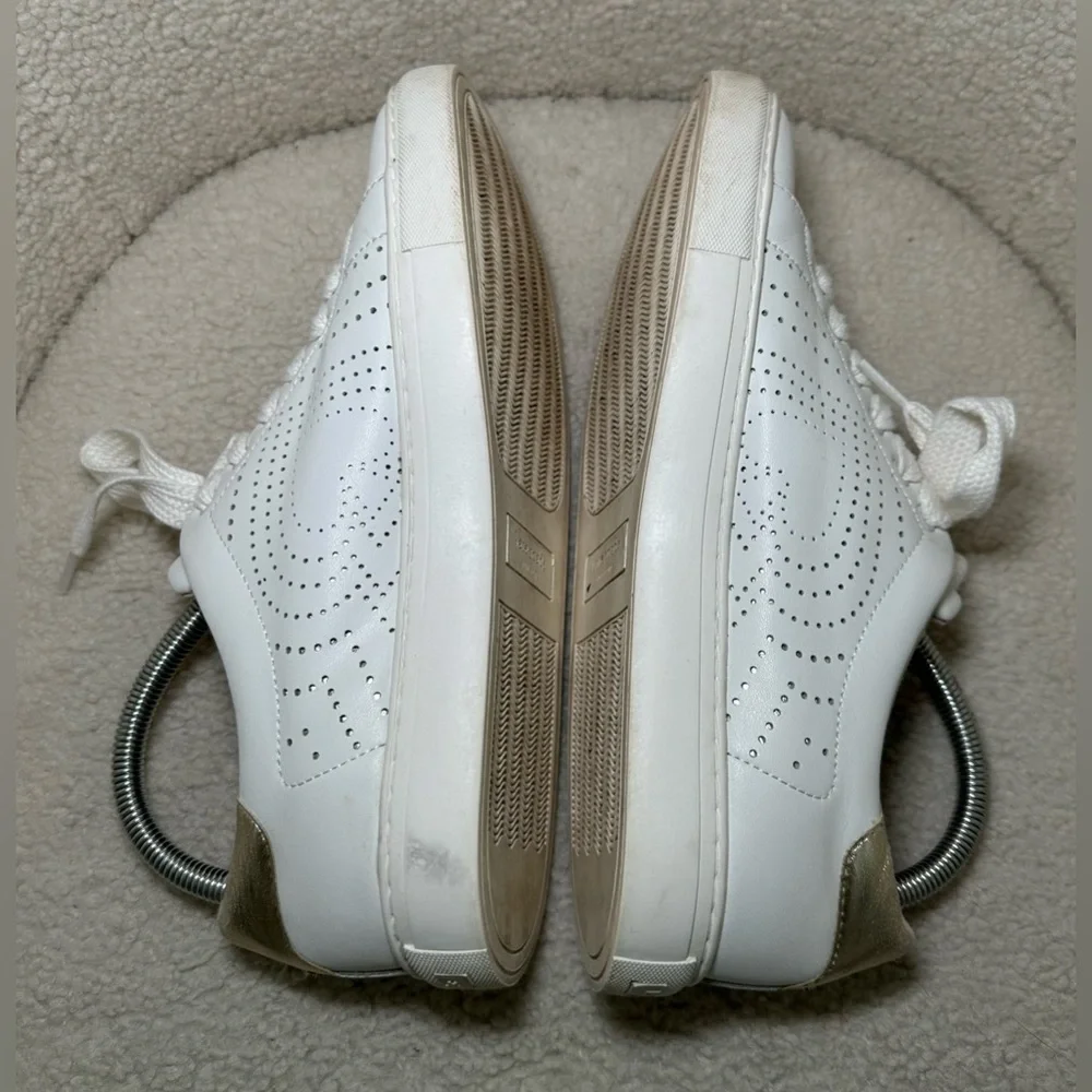 Kate Spade Aster New York White‎ Leather Perforated Sneakers Gold Spade Logo 9.5
